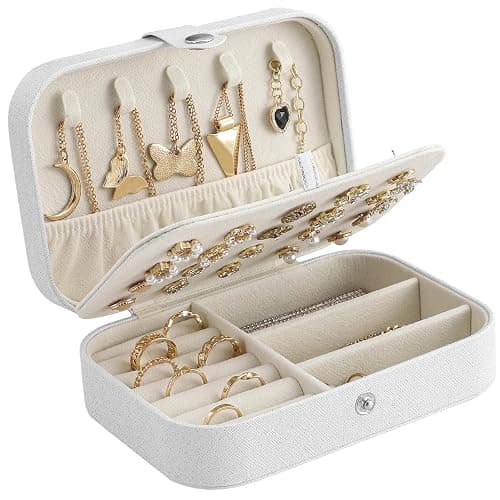 CNMTCCO Petite boîte à bijoux de voyage pour colliers, bagues, bracelets, boucles d'oreilles - Similicuir de qualité supérieure - Boîte cadeau pour filles et femmes (blanc) - Image 1