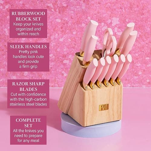 Paris Hilton 12-Piece Knife Set with Block, High-Carbon Stainless Steel Cutlery, Precision Blades and Ergonomic Handles, Pink thumbnail 6