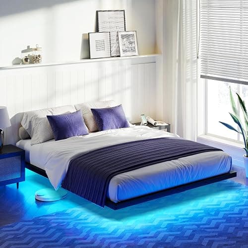 AMERLIFE Queen Size Floating Bed Frame, Queen Bed Frame with LED Light, Heavy Duty Metal Platform Bed, No Box Spring Needed/Noise Free/Black thumbnail 2