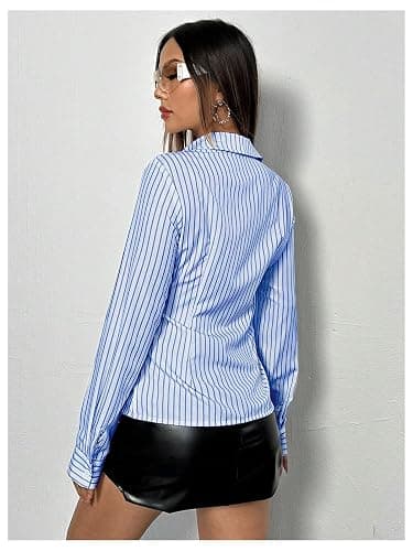 SweatyRocks Women's Striped Button Down Slim Fit Shirt Long Sleeve Collar Work Blouse Tops thumbnail 2