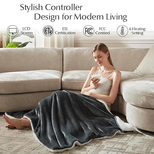SNUGSUN Electric Heated Blanket Throw Size, Soft and Cozy Thickened Flannel and Sherpa Electric Blanket for Bed, Automatic Safety System 6 Heating Levels & 10 Hours Auto-Off, 50"x60" Slate Grey thumbnail 5