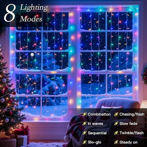 Soagrc 300 LED Rainbow Curtain String Lights 9.8 * 9.8FT Plug in Fairy with Timer and 8 Modes, Waterproof Window Wall Lights for Bedroom Wedding Party Indoor Outdoor Christmas Decor thumbnail 4