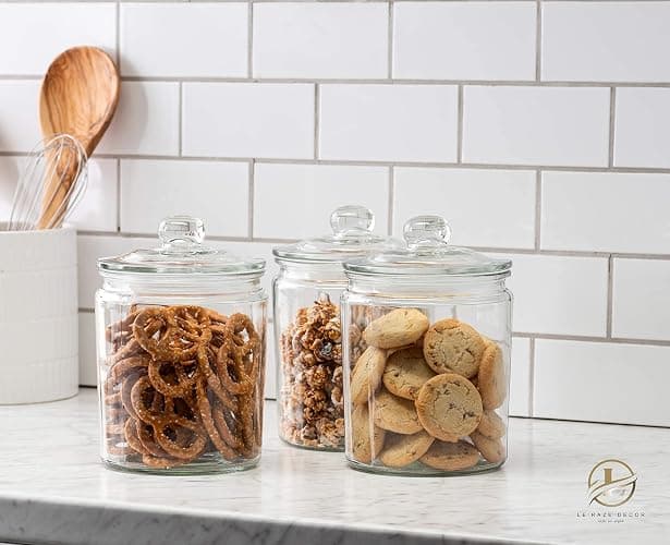 Le’raze 3pc Canister Sets for Kitchen Counter + Labels & Marker - Glass Cookie Jars with Airtight Lids - Food Storage Containers with Lids Airtight for Pantry - Flour, Sugar, Coffee, Christmas gift. thumbnail 2