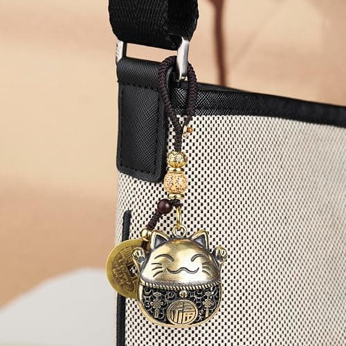 Mansiyuyee Brass Maneki Neko Lucky Cat Keychain with Feng Shui Coins, Maneki Neko Statue Good Luck Charms Lucky Tassel thumbnail 2