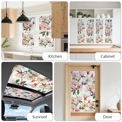Kromapolis Window Privacy Film, Stained Glass Sticker, 23.6" x 78.7" | Removable Floral Window Clings, Decorative Static Clings, UV Blocking Colorful Decals, Rainbow Magnolia Flowers thumbnail 4