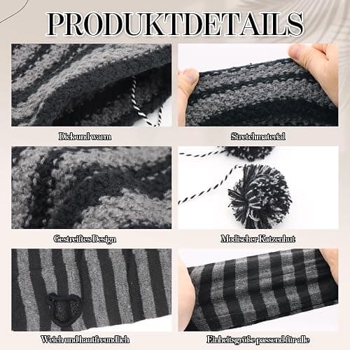 Scettar 2 Paare Damen Lange Fingerlose Handschuhe ，1 Paar Katzenohren-Mützen，Gestreift Stricken Armwärmer für Frauen, Y2k Streifen Fingerlose Armstulpen Handschuhe für Herbst Winter thumbnail 4