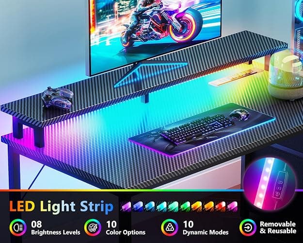 Casaottima 52 Inch Gaming Desk with USB Charging Ports & LED Light - Reversible Computer Desk with 3 Fabric Drawers, Monitor Stand, CPU Stand, Modern Office Desk, Black thumbnail 5