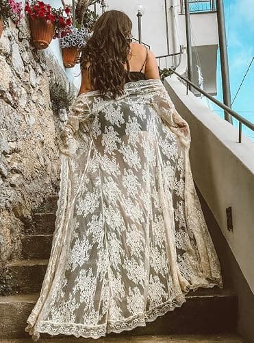 BUTTZO Women Sexy Long Lace Dress Sheer Gown See Through Lingerie Kimono Robe Swimsuit Cover Up thumbnail 4