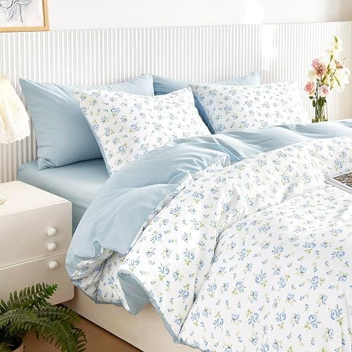 Wake In Cloud - Coquette Duvet Cover Set, Floral Cottagecore Flower Shabby Chic Cute Aesthetic, Soft Lightweight Bedding for Women Teen Girls, 3-Piece, White Blue, Twin/Twin XL Size thumbnail 4