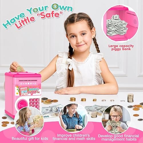 Pink Piggy Bank for Kids with Password Code Lock and Auto Grab Bill Slot, PhilaeEC Real Money Cash Coin Can Saving Box Electronic Money Safe Bank, Hot Gift for 4 7 8 9 10 11 Year Old Boys Girls thumbnail 4