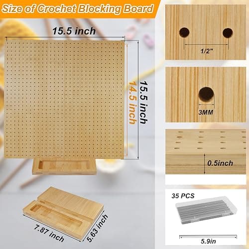 15.5" x 15.5"Foldable Crochet Blocking Board with Pins,Granny Square Blocking Board,Blocking Mats for Knitting with 35 5.9"Stainless Steel Rod Pins,Bamboo Crocheting Accessories Gifts for Crocheters thumbnail 2