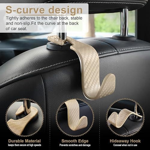 LivTee Car Purse Hook, Headrest Hook for Car, 4 Pack Universal Auto Car Seat Headrest Hook Hangers Organizer for Purse Coat Umbrellas Grocery Bags Handbag, Car Accessories - Carbon Fiber Beige thumbnail 2