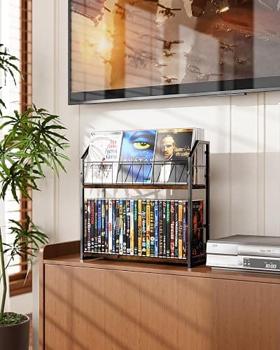TJ.MOREE 2 Tier 56 Capacity DVD Rack/Storage/Holder and Vinyl Record Storage, Industrial Retro Carbon Steel/Wood, Space Saving Desktop Organizer thumbnail 6