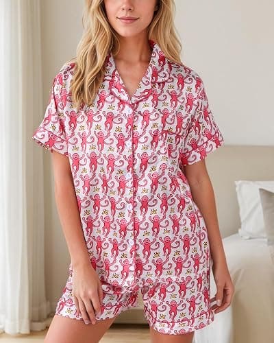 HINFEL Women Y2k Pajamas Set Silk Satin Short Sleeve Button Down Top and Shorts Monkey Sleepwear Preppy Bridal Loungewear - Pink - XX-Small thumbnail 3