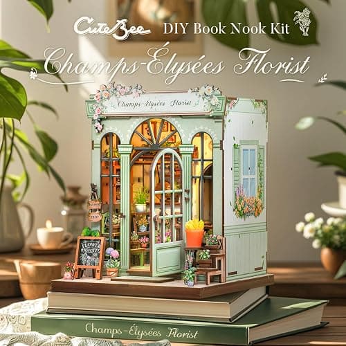 CUTEBEE Book Nook Kit - DIY Miniature House Dollhouse Kit for Adults and Teens, Booknook Tiny House Bookshelf Decor 3D Wooden Puzzle, Gifts for Family, Friends (Champs-Élysées Florist) thumbnail 5