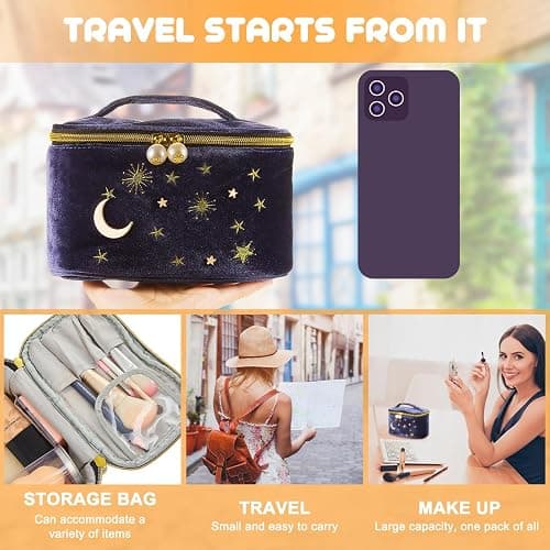 Patelai 2 Pcs Velvet Makeup Bag Moon Stars Cosmetic Bags Goth Embroidered Makeup Pouch Portable Travel Starry Pouch Toiletry Wash Bags Cute Storage Clutch Handbags for Women Gifts(Navy Blue) thumbnail 4