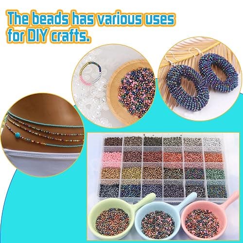 EuTengHao 8/0 Glass Seed Beads Kit, 3mm Metal Color Waist Beads, 24Colors Small Pony Beads with String for Bracelet Necklace Earring Jewelry Making (14405PCS, 600 Per Color) thumbnail 6