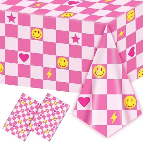 2Pcs Preppy Party Tablecloths Retro Smile Face Lightning Heart Star Table Cover Pink White Checkered Disposable Plastic Tableware for Y2K Groovy Birthday Baby Shower Party Table Decor Supplies - Image 1