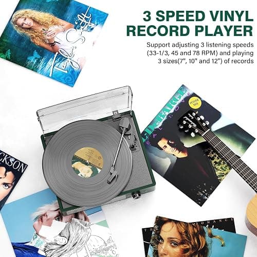 Record Player Bluetooth Turntable with Built-in Speakers & 3 Speed 3 Size Portable Retro Vinyl Record Player for Entertainment and Home Decoration Emerald Green thumbnail 5