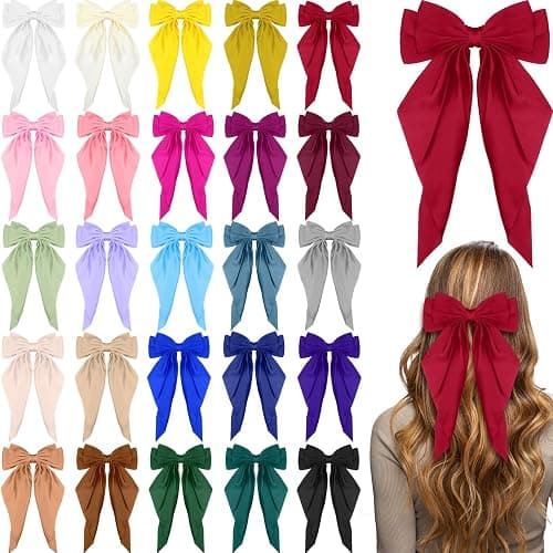 Mimorou 25 Pcs Satin Hair Bows Bulk Silky Big Hair Bows for Women Oversized Long Tail Ribbons Large Knot Clips Barrettes for Holiday Gifts(Plain) - Image 1