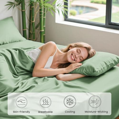 Love's cabin 4 Piece Full Size Sheet Set, 100% Rayon Derived from Bamboo, Cooling & Breathable, Soft Silky Deep Pocket up to 16", Hotel Luxury Bedding for Hot Sleepers, Sage Green thumbnail 5
