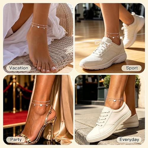 Gold/Sterling Silver Anklet Bracelets for Women Waterproof, Non Tarnish 925 Sterling Sliver Plated Heart Evileye Butterfly Charm, Dainty Summer Beach Anklets for Women, Beach Vacation Bikini Outfits for Her Mom thumbnail 7