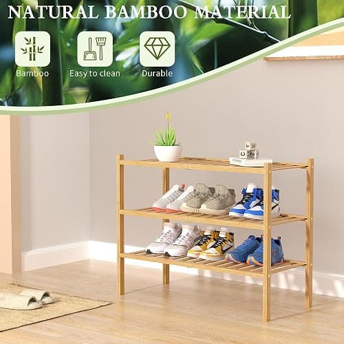 ROMGUAR CRAFT 3 Tier Bamboo Shoe Rack for Closet Free Standing Wood Shoe Shelf Storage Organizer for Entryway Small Space Stackable 27"x11"x20" (Natural) thumbnail 6