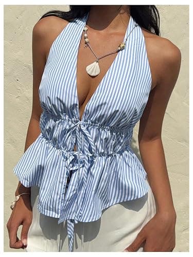 Milumia Women's Striped Tie Bow Front Halter Top Sleeveless Ruched Ruffle Hem Tank Tops thumbnail 3