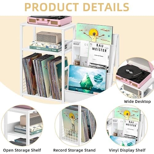 LELELINKY Record Player Table,Turntable Shelf with Vinyl Storage Up to 150 Albums,White Side Table with 3 Tier Magazine Periodical Book Rack,Wide Metal Record Holder Cabinet for Room Office thumbnail 4