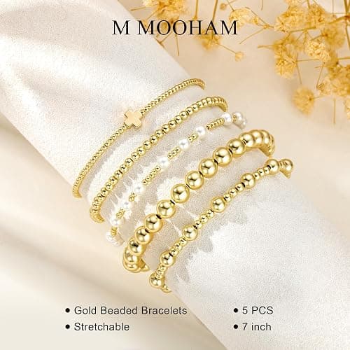 M MOOHAM Gold Beaded Bracelets Set for Women Teen Girls - Dainty 14K Gold Plated Beaded Pearl Cross Bracelet Stack for Women Trendy Non Tarnish Adjustable Stretch Jewelry Gifts thumbnail 5