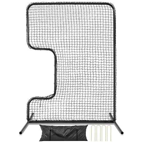 Seenelling Standard C Shaped Pitching Screen Softball Baseball Screen Softball Pitcher Pitching Machine Protector with Carry Bag, 7'H x 5'W 45 Ply Netting with 3'' x 18'' Cutout 1.5'' Diameter Frame - Image 1