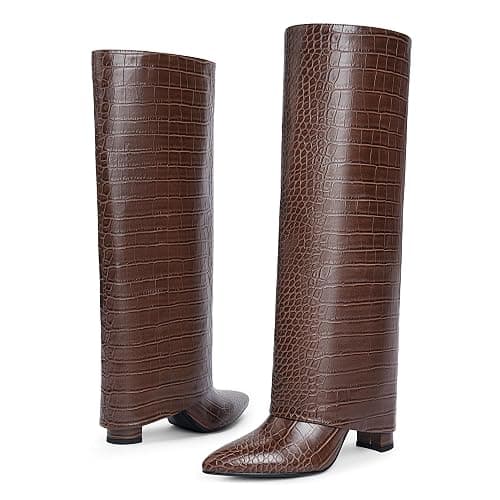 Modatope Knee High Boots Women Fold Over Knee High Boots Chunky High Heels Long Boots Zipper Pointed Toe Dress Tall Boots for Women thumbnail 7