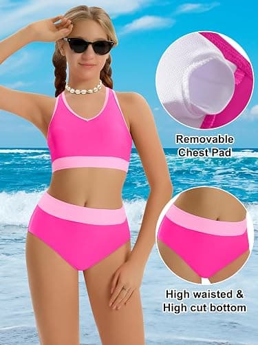 Girls Swimsuit Color-Block High Waist Sporty Sets Girls Two Piece Bathing Suit with Chest Pad Swimwear 7-16T thumbnail 5