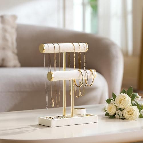 Josmimic 2 Tier Bracelet Holder Display - Detachable T Bar Beige Velvet Bracelet Holder, Jewelry Holder Organizer for Bracelet, Necklace, Watches, Rings thumbnail 5