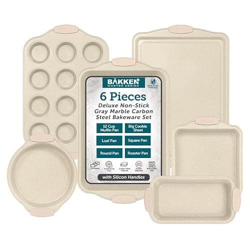 BAKKENMASTER 6-Piece Deluxe Nonstick Baking Pan Set - Professional Grade Carbon Steel Bakeware with White Marble Coating & Silicone Handles - 6 Piece Set - White Marble - Image 1