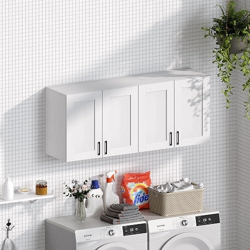 White Laundry Room Cabinets and Storage with 4 Doors and Utility Adjustable Shelf，Gabinetes Para Cocina Cupboard Kitchen Organizers and Storage Pantry Wall Mounted 12.4"D x 47.2"W x 19.7"H - 4 door thumbnail 2