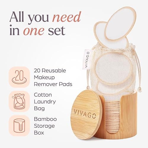 VIVAGO Reusable Cotton Rounds for Face - (20 Pack) Soft Reusable Makeup Remover Pads with Washable Drawstring Laundry Bag & Bamboo Holder - All Skin Type Skincare Set Facial Cleaning Cloth thumbnail 4