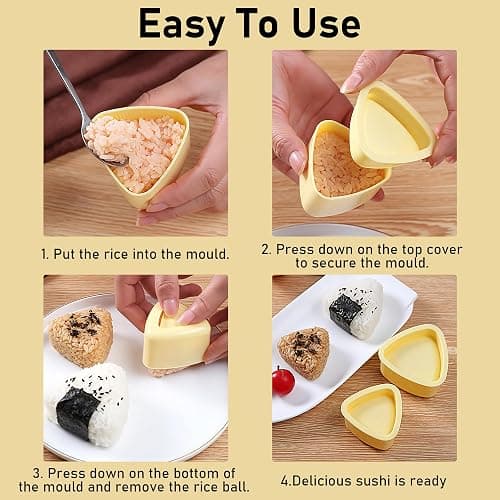 2PCS Triangle Rice Ball Mold Set – Yellow Sushi Maker Kit with Paddle, Non-Stick Rice Mold for DIY Musubi Bento thumbnail 6
