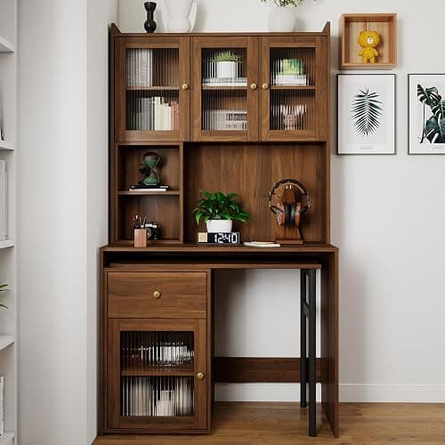 LUMISOL L Shaped Computer Desk with 90 Degree Rotating Desktop, Home Office Desk with Hutch & Bookshelf, Multi-Functional Woking Table with Storage Drawers for Study Room Office Living Room, Walnut thumbnail 3
