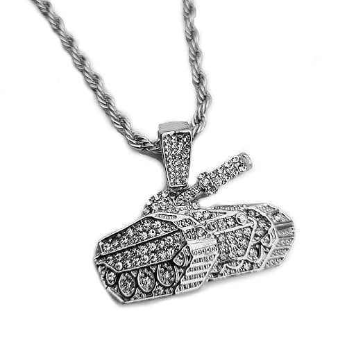 BLINGFACTORY Hip Hop Iced White Gold Plated TANK Pendant & 4mm 24" Rope Chain Fashion Bling Necklace - Image 1