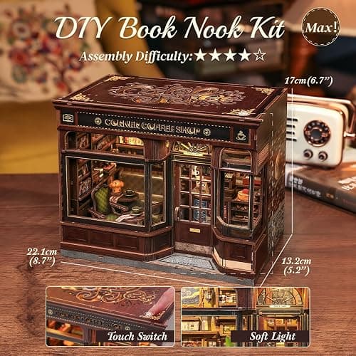 CUTEBEE Book Nook Kit - DIY Miniature House Coffee Shop Dollhouse Kit for Adults, Booknook Tiny House Bookshelf Decor 3D Wooden Puzzle, Gifts for Family, Friends (Corner Coffee Shop) thumbnail 3