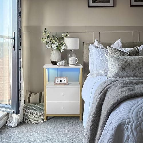 BOLUO Gold Nightstand with Charging Station, LED Night Stand with 2 Fabric Drawers, Bedside Table with USB Ports and Outlets, Nightstand for Bedroom Modern thumbnail 2