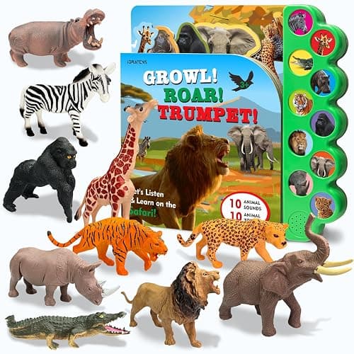 iGRATENS Safari Animals Figures Toys with Sound Books, 10PCS Realistic Jungle Animals Figures & Safari Animals Book with 10 Buttons, Zoo Animal Toys, Learning Toy for 3+ Year Old Boys, Girls, Kids - Image 1