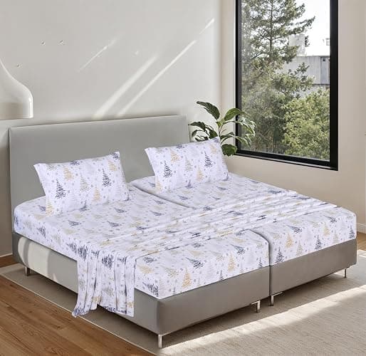 RUVANTI Flannel Sheets Split King Size - 100% Cotton Brushed Split King Bed Sheets Set - Deep Pockets 16 Inches - All Seasons Breathable & Extra Soft - Warm & Cozy, 5 Piece, Christmas Tree thumbnail 2