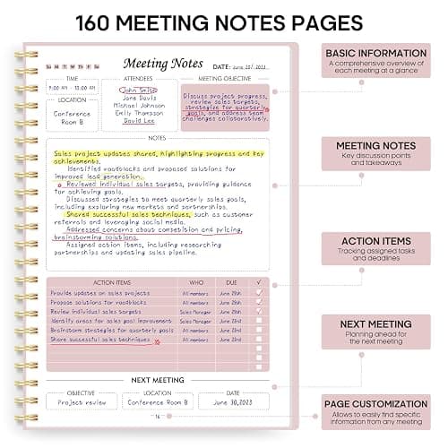 Taja Meeting Notebook For Work Organization - Work Planner Notebook With Action Items, Agenda Planner For Note Taking, 160Pages (6.9" X 9.9") Project Planner For Men & Women - Pink thumbnail 4