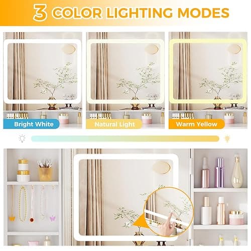 BEWISHOME Large Vanity Desk with Mirror and Lights,White Makeup Vanity Table with Power Outlet,Makeup Desk with 8 Drawers,7 Open Shelves,12 Hooks,Nightstand and Stool,Dressing Table for Bedroom FST53W thumbnail 4