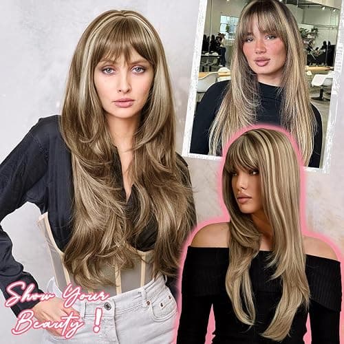 Brown Long Straight Layered Wig with Bangs for Women 26 inch Light Brown With Blonde Put on Go Realistic Synthetic Heat Resistant Natural Wig for Girls Party Cosplay and Daily Use thumbnail 7