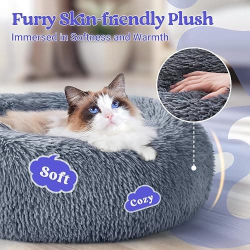 rabbitgoo Cat Beds for Indoor Cats, 20 inches Cat Bed Machine Washable, Fluffy Round Pet Bed Non-Slip, Calming Soft Plush Donut Cuddler Cushion Self Warming for Small Dogs Kittens, Dark Grey, Medium thumbnail 2
