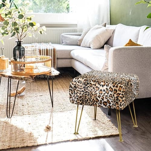 Warmaxx Leopard Print Square Ottoman 17"x17"x17" Faux Fur Entryway Bench Footrest Stool Accent Seating Cheetah Furry Ottoman Bedroom Vanity End of Bed for Bathroom Living Room Decor thumbnail 9