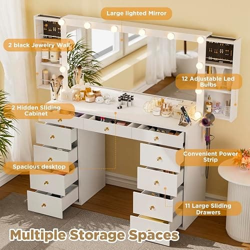 Likein Vanity Desk with Mirror and Lights, White Vanity with Hidden Jewelry Storage Cabinet, Charging Station, 11 Drawers Makeup Vanity with Lights, Crystal Knobs, 3 Color Lighting Modes for Girls thumbnail 7